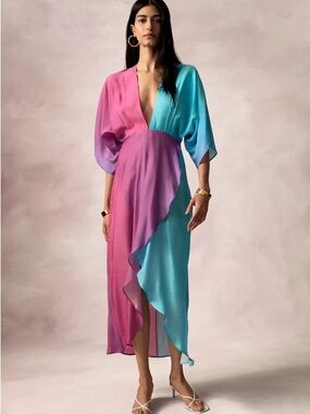 Jaline Resort Sustainable Luxury Ombré Plunge Midi Dress XS